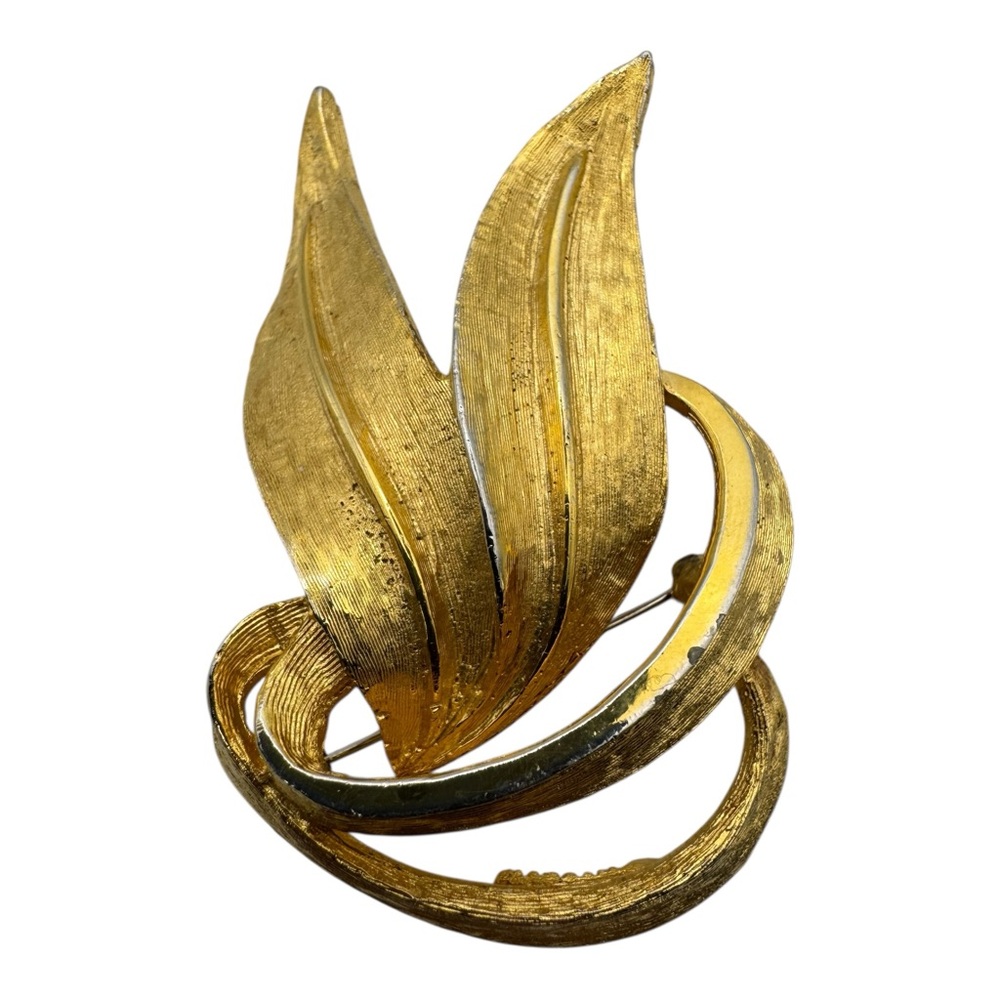 Vintage Marboux Gold Tone‎ Leaf Brooch 2” Signed Textured Mid Century